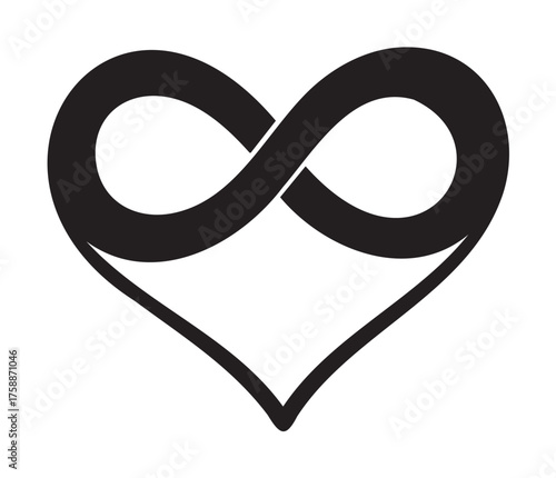 Black outline vector icon of an infinity symbol creatively intertwined with a heart shape, symbolizing everlasting love and connection.