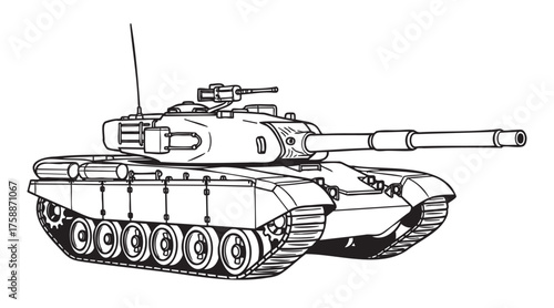 Black and white outline drawing of a modern military tank with a long barrel and multiple wheels, showcasing detailed armor and weaponry features.
