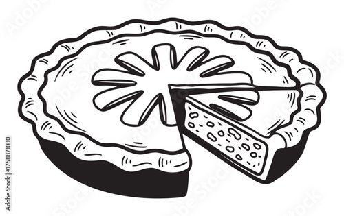 Black outline drawing of a whole pie with a slice removed, showing a detailed pattern on the crust and interior textures.