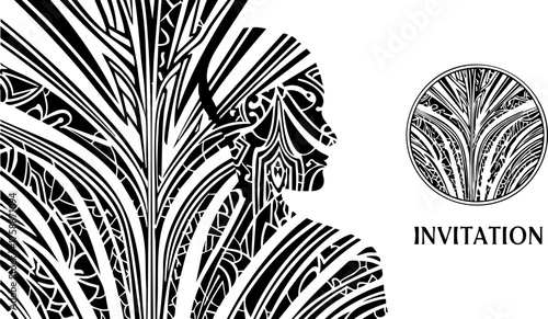 Elegant invitation design with stylized woman silhouette and floral elements for sophisticated events, weddings, or upscale gatherings, a timeless aesthetic