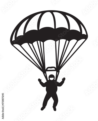 Silhouette of a person parachuting with a fully open parachute, featuring a detailed canopy and suspension lines.