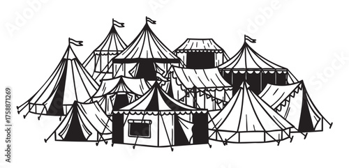 Black and white drawing of a group of various circus tents with flags on top, displaying an assortment of tent shapes and sizes.