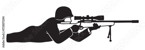 Silhouette of a soldier in prone position aiming through a scoped rifle with bipod support.