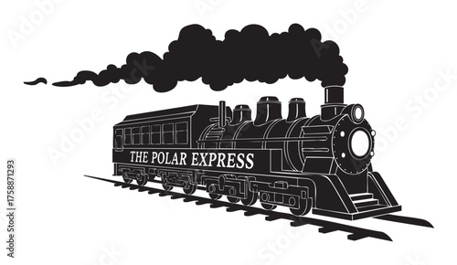 Black silhouette of a classic steam locomotive with "the polar express" written on the side, emitting smoke as it travels on railway tracks.
