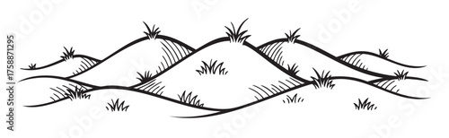 Black outline of stylized rolling hills with scattered grass tufts, illustrating a simple landscape in a minimalistic design.