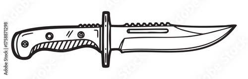 Black outline drawing of a detailed hunting knife with a serrated edge and textured handle, set horizontally for outdoor and survival themes.