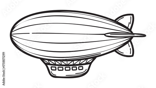 Black outline drawing of a vintage airship with detailed fins and passenger cabin, showcasing classic dirigible design elements.