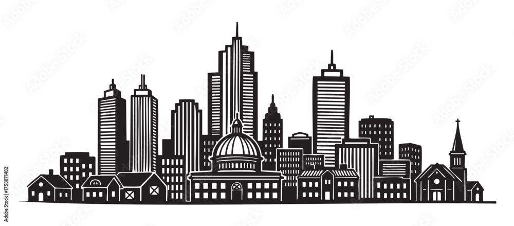 Fototapeta premium Black silhouette of a diverse urban skyline featuring skyscrapers, domes, and church steeples, illustrating a mix of architectural styles.