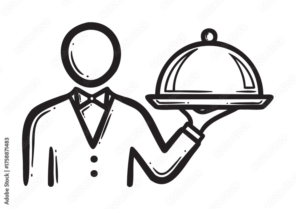 Fototapeta premium Black outline drawing of a faceless waiter in a suit holding a serving tray with a dome cover in a simplified, minimalist style.