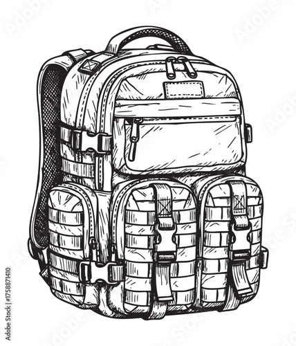Highly detailed black and white sketch of a tactical backpack with multiple pockets, straps, and buckles, illustrating rugged design for travel or outdoor activities.