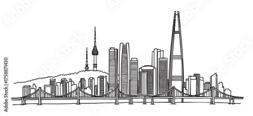 Black outline vector drawing of an urban cityscape featuring a prominent bridge and modern skyscrapers, with a mountainous backdrop.