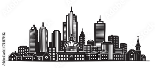 Black silhouette of a diverse urban skyline featuring skyscrapers, domes, and church steeples, illustrating a mix of architectural styles.