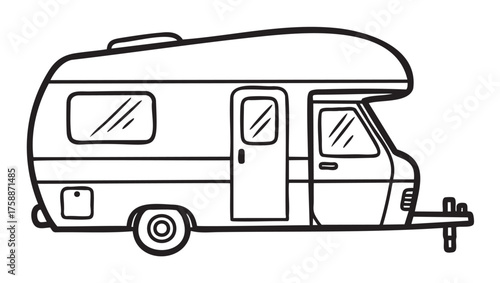 Black outline illustration of a simple caravan trailer, featuring a side door, windows, and wheels. minimalist design for camping and travel concepts.