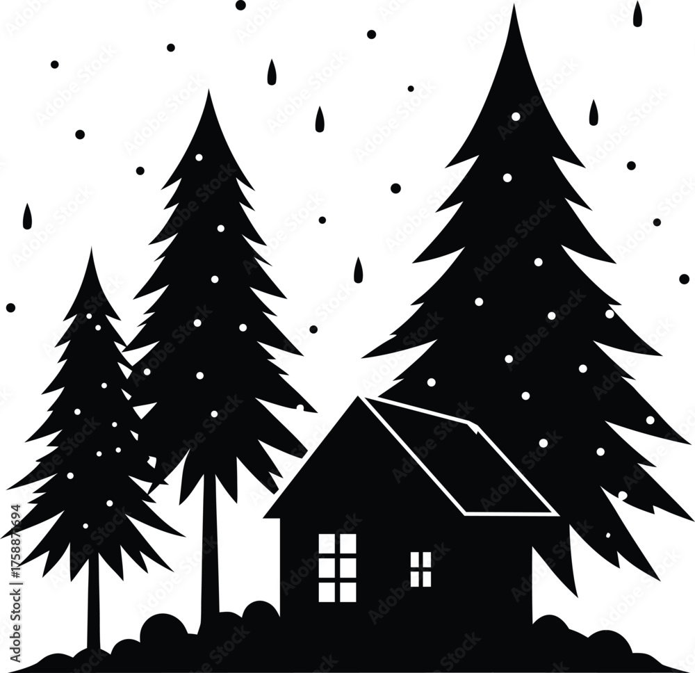 Obraz premium Winter cabin and pine trees silhouette with falling snow isolated on white background isolated on transparent background