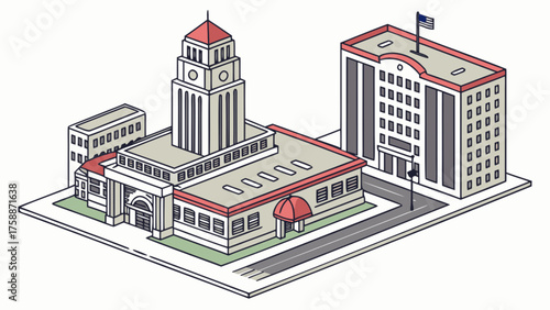 Isometric illustration of a city hall building depicts government, architecture, and urban planning in a clean, modern style