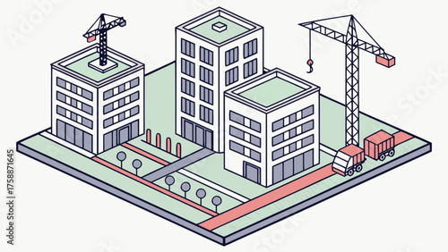 Isometric illustration of a construction site depicts urban development, architecture, and infrastructure in a modern style