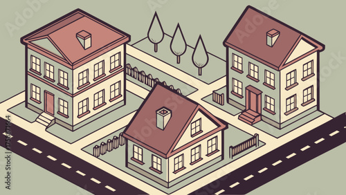 Isometric illustration of a residential neighborhood with houses, trees, and streets, showcasing suburban living and community planning