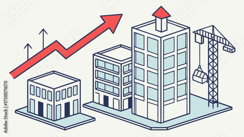 Isometric illustration of real estate development with rising arrow, depicting growth in the construction industry