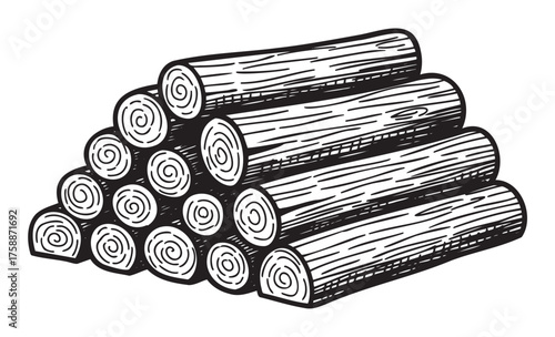 Black and white detailed drawing of a neatly stacked pile of cut wooden logs, showing their circular ends and textured bark.