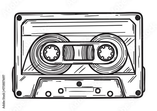 Black outline drawing of a vintage cassette tape with detailed texture and visible reels, evoking nostalgia for analog audio media.