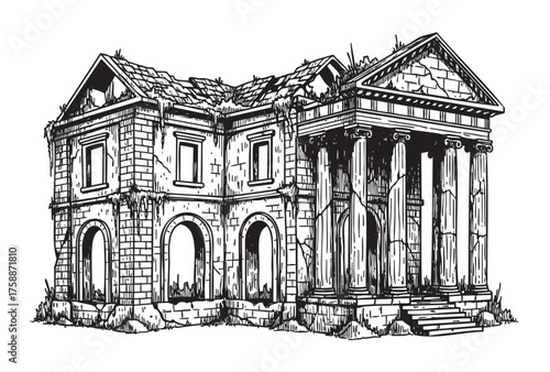 Black and white sketch of an ancient, ruined building with crumbling columns and overgrown vegetation, showcasing detailed architectural features.