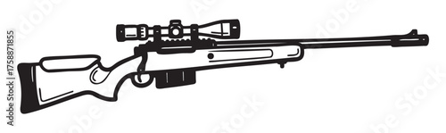 Black and white illustration of a precision rifle with a scope, featuring detailed lines and contours for an outdoor or military theme.