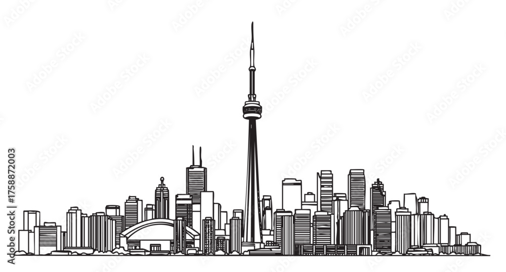 Fototapeta premium Black outline vector illustration of the toronto skyline featuring the iconic cn tower and surrounding skyscrapers. urban cityscape displayed in intricate linear detail.