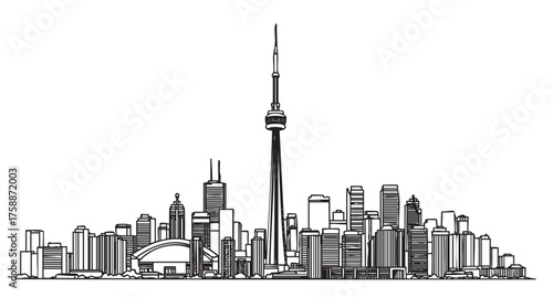 Black outline vector illustration of the toronto skyline featuring the iconic cn tower and surrounding skyscrapers. urban cityscape displayed in intricate linear detail.