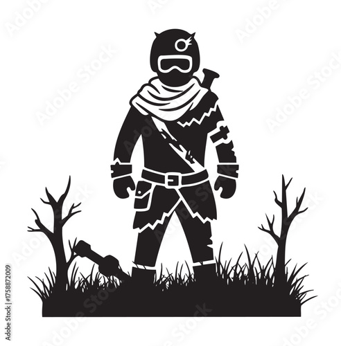 Silhouette of a post-apocalyptic character wearing tattered clothing, a helmet, and a scarf, standing among barren trees and grass.
