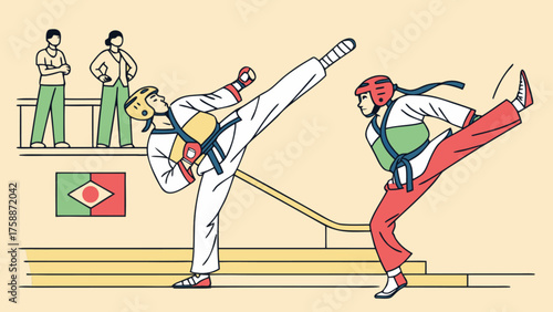 An energetic illustration of a taekwondo sparring session, highlighting the athleticism and competitive spirit of the martial art