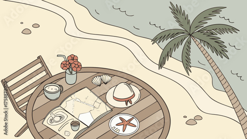 A tranquil beach scene with a table set for relaxation, featuring a palm tree, ocean view, and vacation essentials in a serene illustration