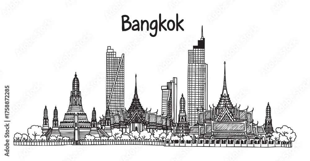 Naklejka premium Black and white outline of bangkok's skyline featuring iconic temples and modern skyscrapers.