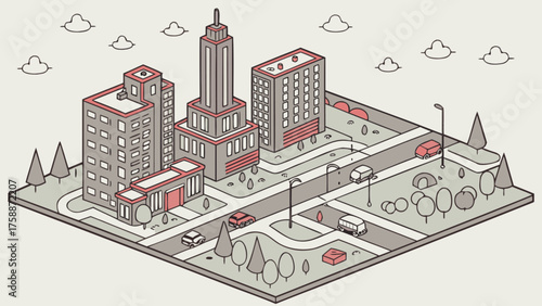 Isometric city illustration with buildings, streets, cars, and trees, creating a miniature urban landscape