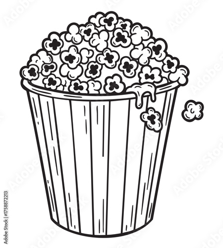 Black outline vector of a large bucket filled with fluffy popcorn, with a few kernels spilling over the edge.