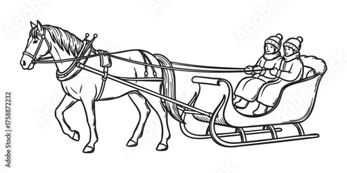 Black and white outline drawing of a horse-drawn sleigh with two warmly dressed people seated inside, showcasing a classic winter transportation method.
