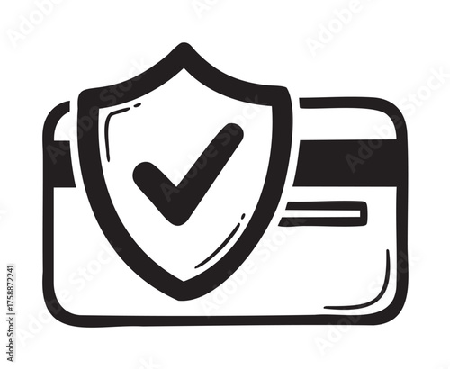 Black outline icon of a credit card with a shield and checkmark, symbolizing secure payments and financial protection.