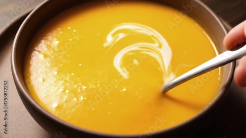 Bright orange, a creamy butternut squash soup is swirled with cream.
