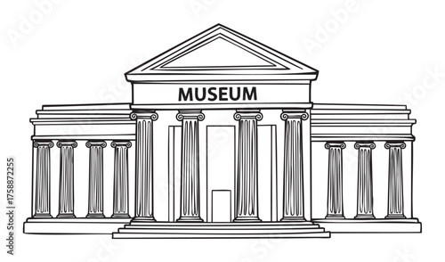 Black outline sketch of a classic museum building with prominent columns and a triangular pediment labeled "museum.