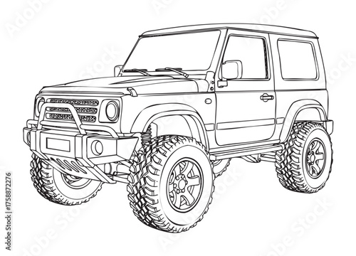 Black outline drawing of a rugged off-road suv with large tires and a front bumper, suitable for adventure and outdoor enthusiasts.