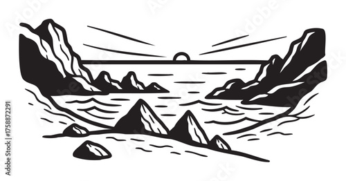 Black outline illustration of a seascape with rugged cliffs, waves, and a setting sun on the horizon.