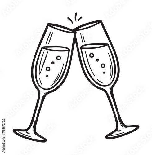Two champagne flutes clinking together, with bubbles rising inside, symbolizing celebration and joy.