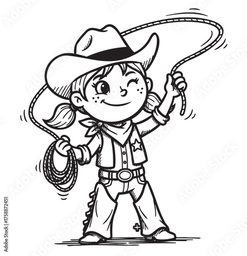 Young caucasian female child wearing a cowboy hat and boots, happily wielding a lasso in one hand, with another lasso coiled in the other hand.