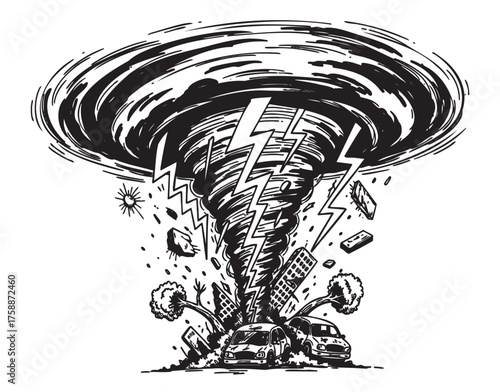 Intense black and white illustration of a powerful tornado with lightning, cars, and debris swirling violently in a destructive whirlwind.