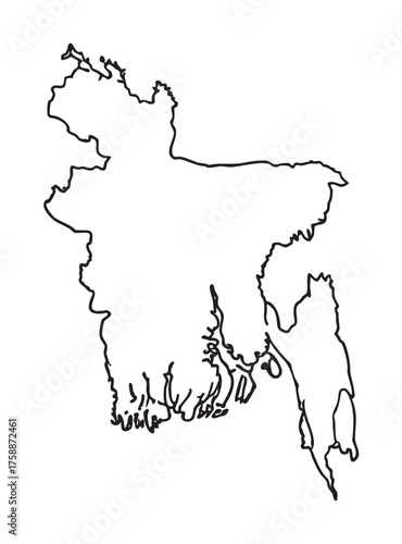 Black outline of bangladesh map with irregular border shapes, capturing the geographical contour of the country.