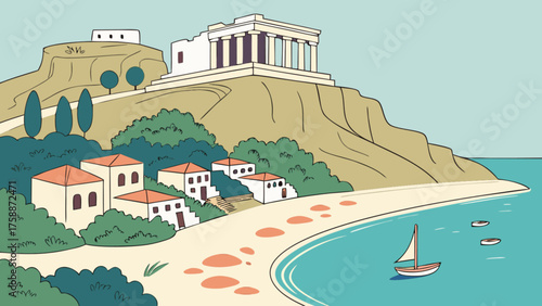 Scenic view of a greek temple on a hill overlooking the sea, with a sandy beach and traditional houses in a vector illustration