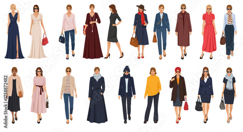 Diverse group of stylish women showcasing various fashion outfits and accessories for different occasions and seasons walking confidently with elegance and sophistication in a fashion parade