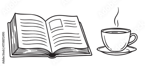 Black outline vector icon of an open book with visible pages next to a steaming cup on a saucer. minimal linear illustration for reading and relaxation concepts.