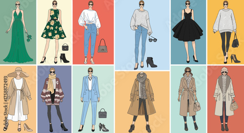 Fashion illustration showcasing diverse women's outfits and styles featuring dresses casual wear business attire and outerwear perfect for fashion blogs and style guides offering a variety of looks