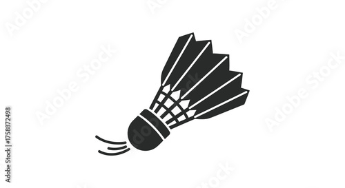 A dynamic black silhouette of a badminton shuttlecock in motion with motion lines isolated on a white background silhouette