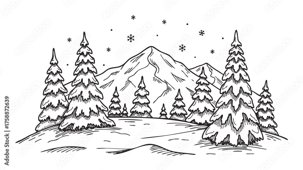 Obraz premium Black outline drawing of snow-covered mountains and evergreen trees under a sky with falling snowflakes, capturing a serene winter landscape.